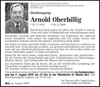 Traueranzeige von Arnold Oberbillig von TRIERISCHER VOLKSFREUND
