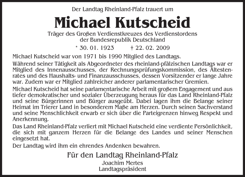  Traueranzeige für Michael Kutscheid vom 27.02.2009 aus TRIERISCHER VOLKSFREUND