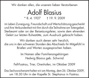 Traueranzeige von Adolf Blasius von TRIERISCHER VOLKSFREUND