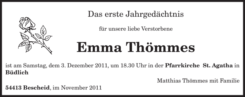  Traueranzeige für Emma Thömmes vom 26.11.2011 aus TRIERISCHER VOLKSFREUND