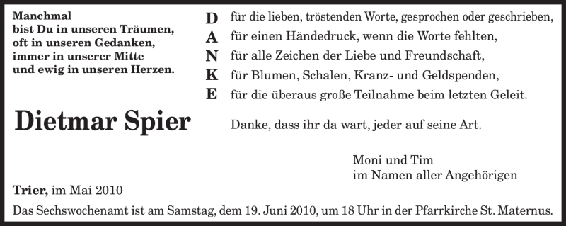  Traueranzeige für Dietmar Spier vom 12.06.2010 aus TRIERISCHER VOLKSFREUND