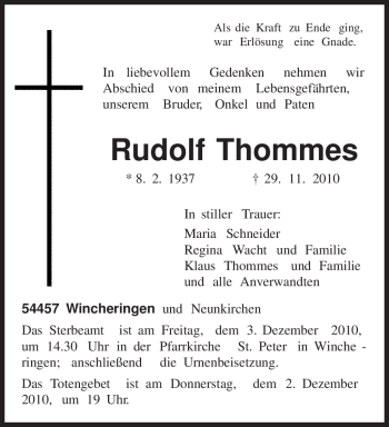 Traueranzeige von Rudolf Thommes von TRIERISCHER VOLKSFREUND