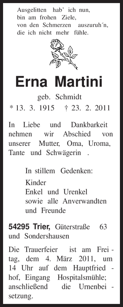  Traueranzeige für Erna Martini vom 28.02.2011 aus TRIERISCHER VOLKSFREUND