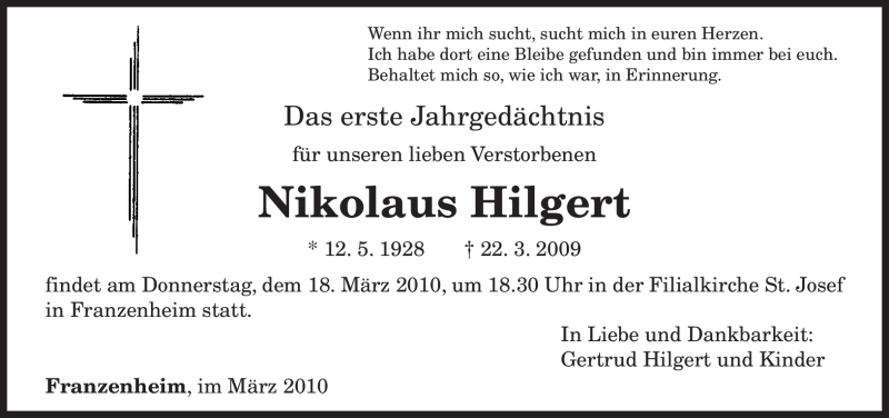  Traueranzeige für Nikolaus Hilgert vom 13.03.2010 aus TRIERISCHER VOLKSFREUND