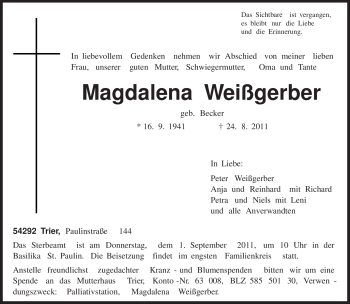 Traueranzeige von Magdalena Weißgerber von TRIERISCHER VOLKSFREUND