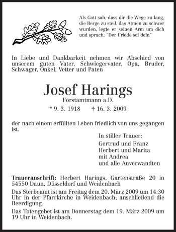 Traueranzeige von Josef Harings von TRIERISCHER VOLKSFREUND