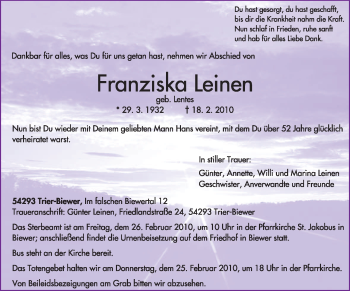 Traueranzeige von Franziska Leinen von TRIERISCHER VOLKSFREUND