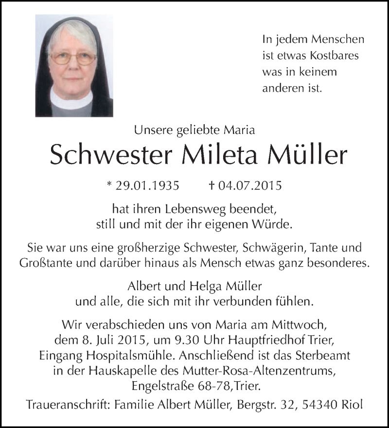  Traueranzeige für Mileta Müller vom 07.07.2015 aus trierischer_volksfreund