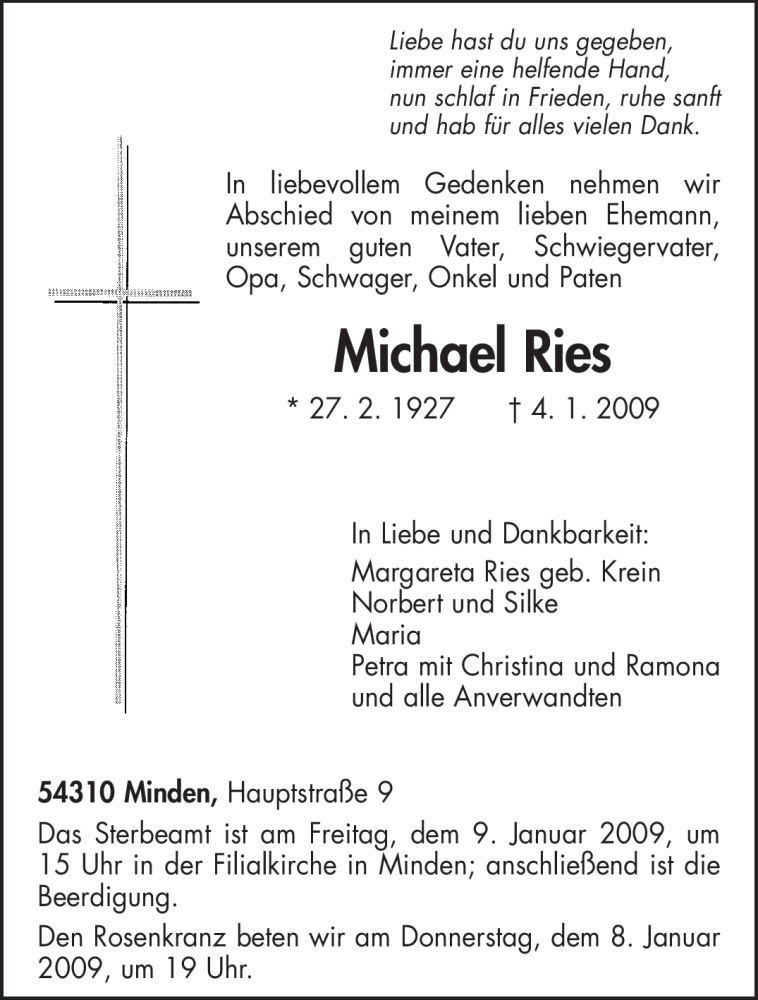  Traueranzeige für Michael Ries vom 07.01.2009 aus TRIERISCHER VOLKSFREUND