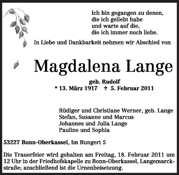 Traueranzeige von Magdalena Lange von TRIERISCHER VOLKSFREUND
