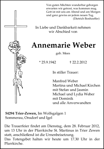 Traueranzeige von Annemarie Weber von TRIERISCHER VOLKSFREUND