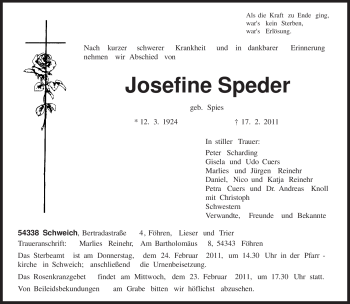 Traueranzeige von Josefine Speder von TRIERISCHER VOLKSFREUND