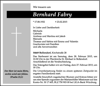 Traueranzeige von Bernhard Fabry von trierischer_volksfreund