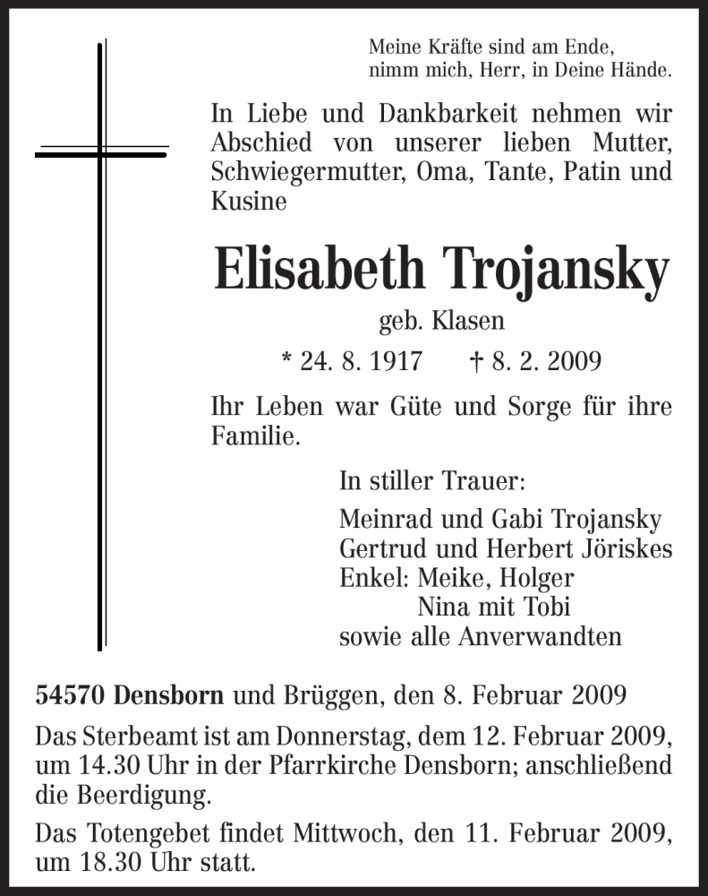  Traueranzeige für Elisabeth Trojansky vom 10.02.2009 aus TRIERISCHER VOLKSFREUND