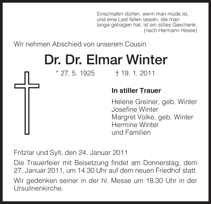  Traueranzeige für Elmar Winter vom 26.01.2011 aus TRIERISCHER VOLKSFREUND