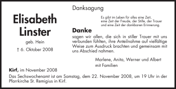 Traueranzeige von Elisabeth Linster von TRIERISCHER VOLKSFREUND