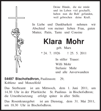 Traueranzeige von Klara Mohr von TRIERISCHER VOLKSFREUND