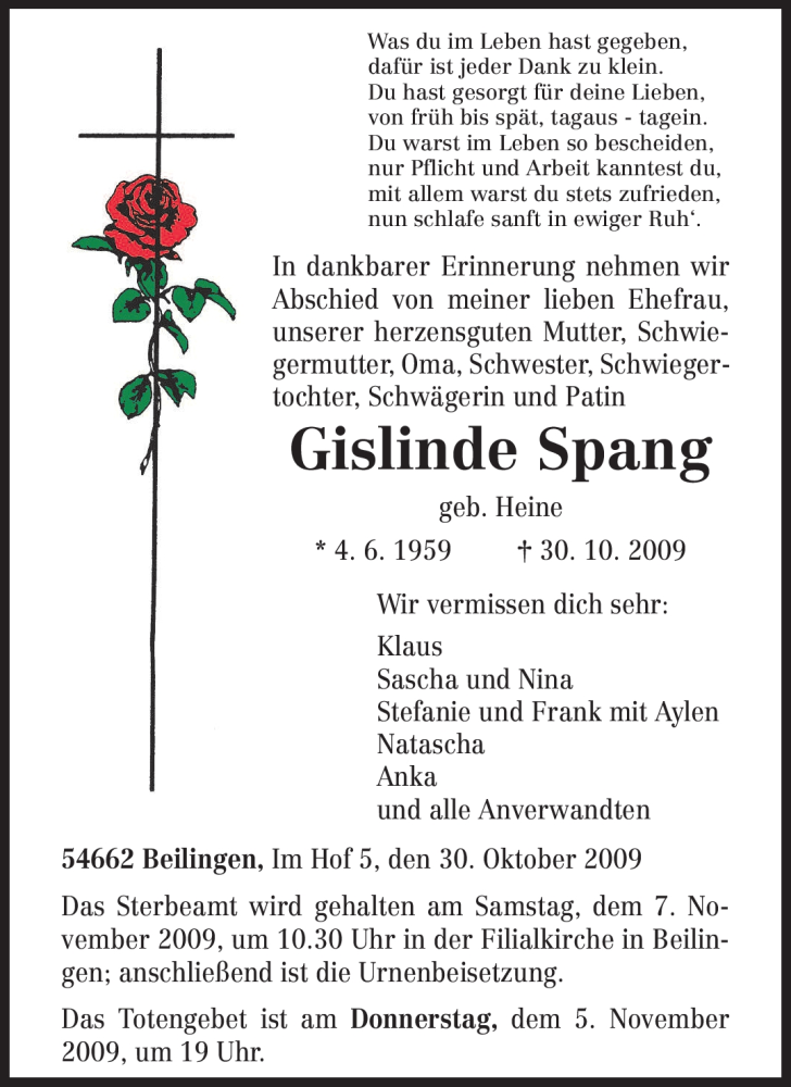  Traueranzeige für Gislinde Spang vom 04.11.2009 aus TRIERISCHER VOLKSFREUND