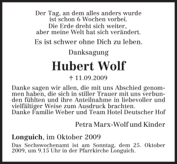 Traueranzeige von Hubert Wolf von TRIERISCHER VOLKSFREUND
