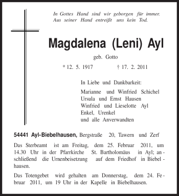 Traueranzeige von Magdalena Ayl von TRIERISCHER VOLKSFREUND