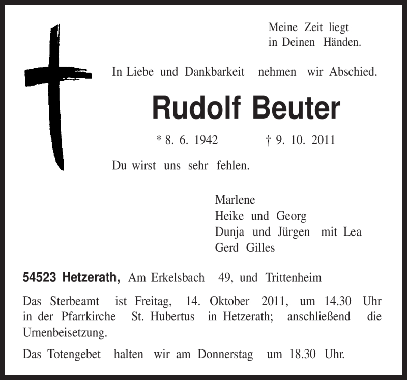  Traueranzeige für Rudolf Beuter vom 11.10.2011 aus TRIERISCHER VOLKSFREUND
