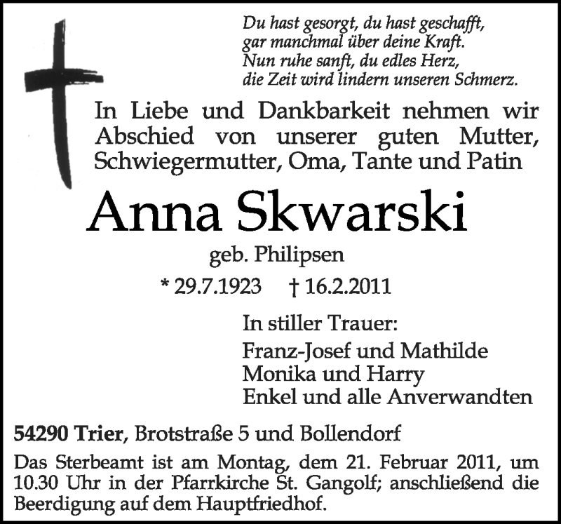  Traueranzeige für Anna Skwarski vom 19.02.2011 aus TRIERISCHER VOLKSFREUND