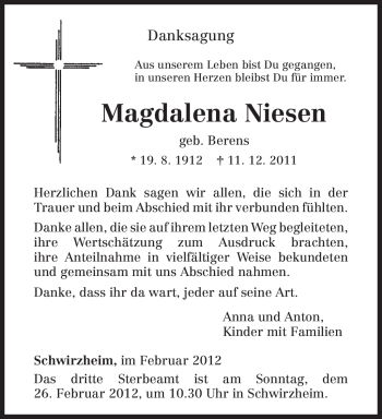 Traueranzeige von Magdalena Niesen von TRIERISCHER VOLKSFREUND