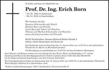 Traueranzeige von Erich Born von TRIERISCHER VOLKSFREUND