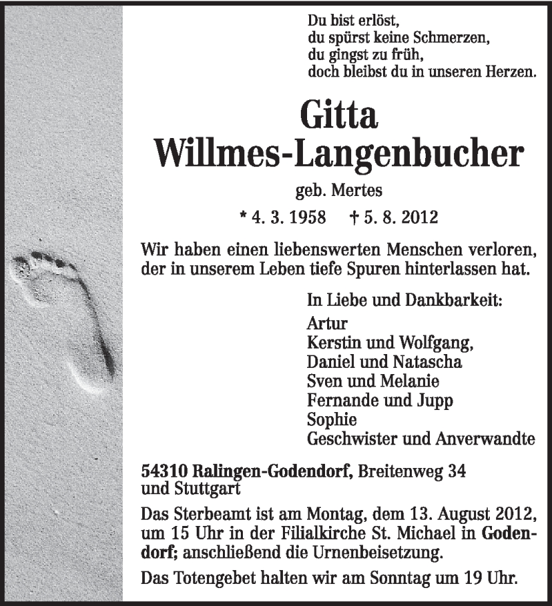  Traueranzeige für Gitta Willmes-Langenbucher vom 09.08.2012 aus TRIERISCHER VOLKSFREUND