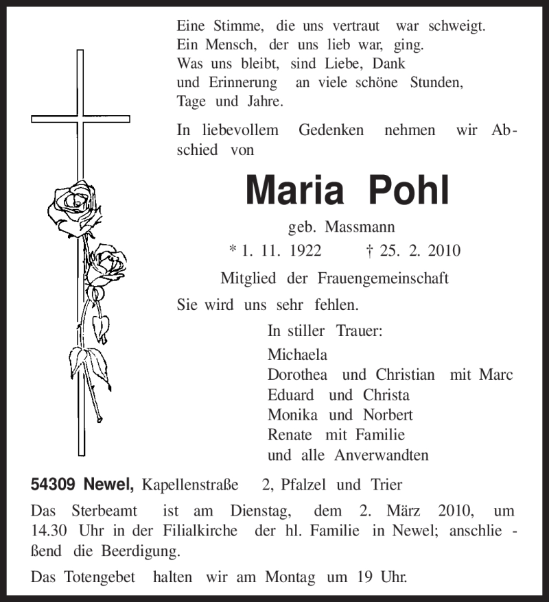  Traueranzeige für Maria Pohl vom 27.02.2010 aus TRIERISCHER VOLKSFREUND
