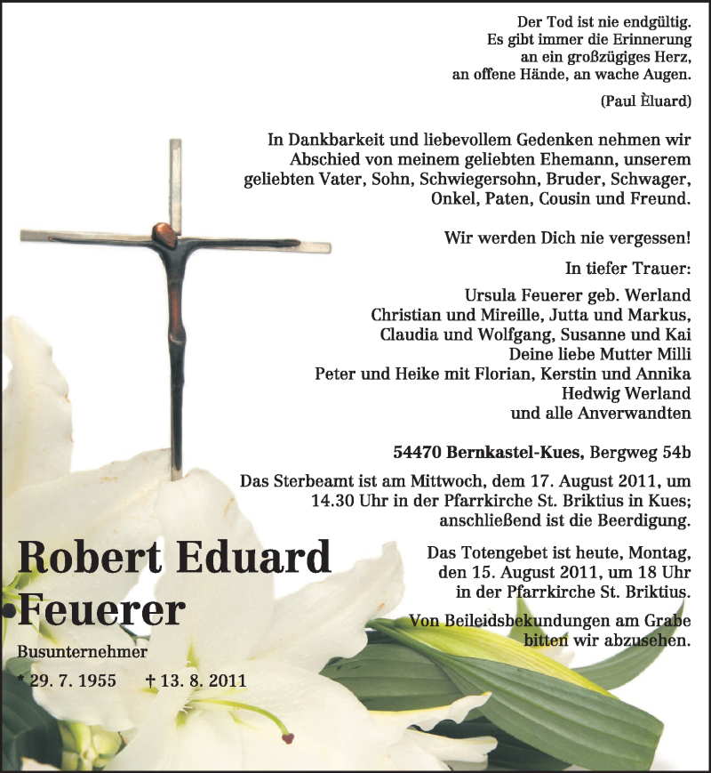  Traueranzeige für Robert Eduard Feuerer vom 15.08.2011 aus TRIERISCHER VOLKSFREUND