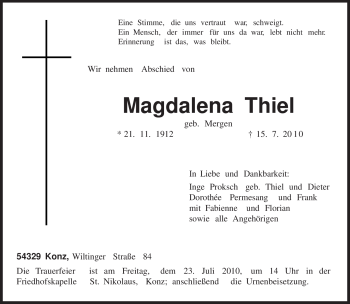 Traueranzeige von Magdalena Thiel von TRIERISCHER VOLKSFREUND