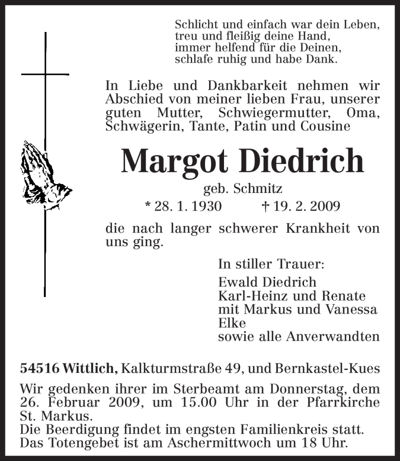  Traueranzeige für Margot Diedrich vom 21.02.2009 aus TRIERISCHER VOLKSFREUND