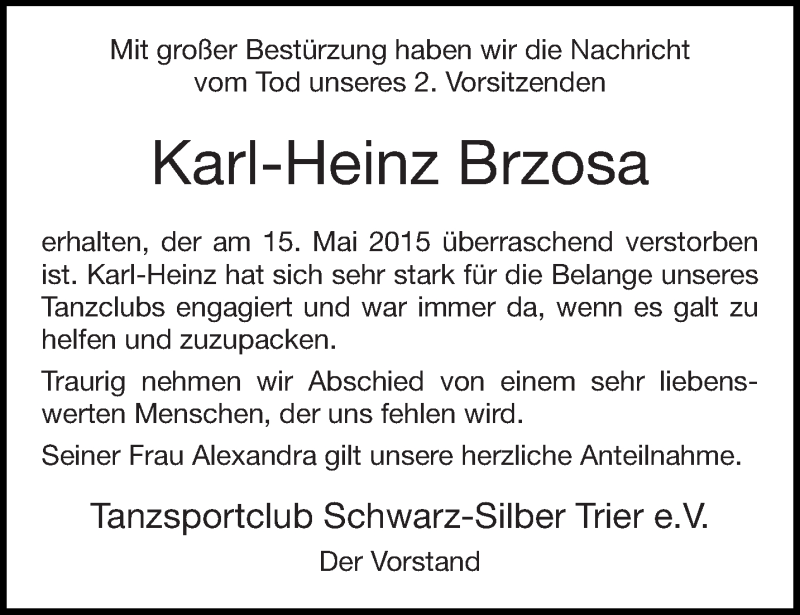  Traueranzeige für Karl-Heinz Brzosa vom 23.05.2015 aus trierischer_volksfreund