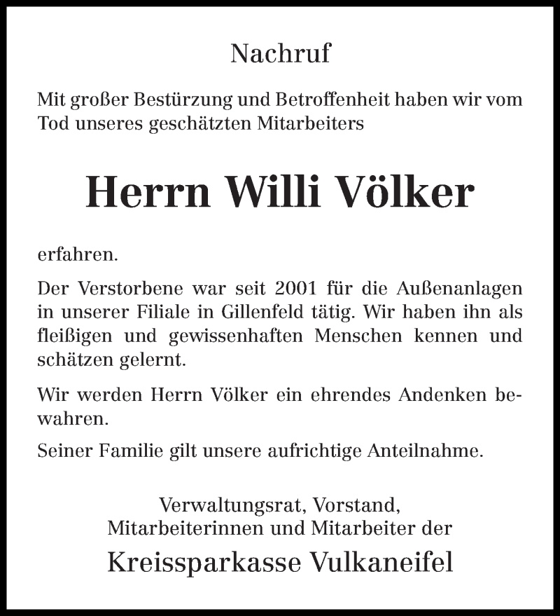  Traueranzeige für Willi Völker vom 10.02.2015 aus trierischer_volksfreund