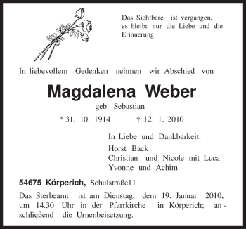Traueranzeige von Magdalena Weber von TRIERISCHER VOLKSFREUND