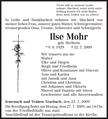Traueranzeige von Ilse Mohr von TRIERISCHER VOLKSFREUND