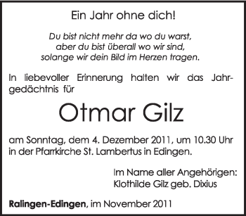 Traueranzeige von Otmar Gilz von TRIERISCHER VOLKSFREUND