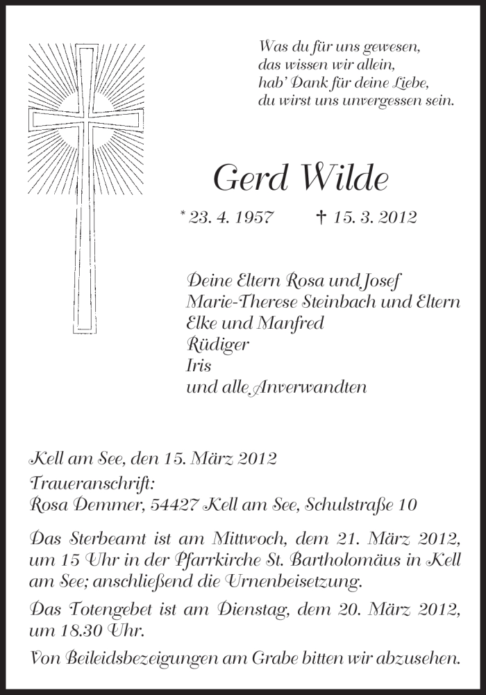  Traueranzeige für Gerd Wilde vom 19.03.2012 aus TRIERISCHER VOLKSFREUND