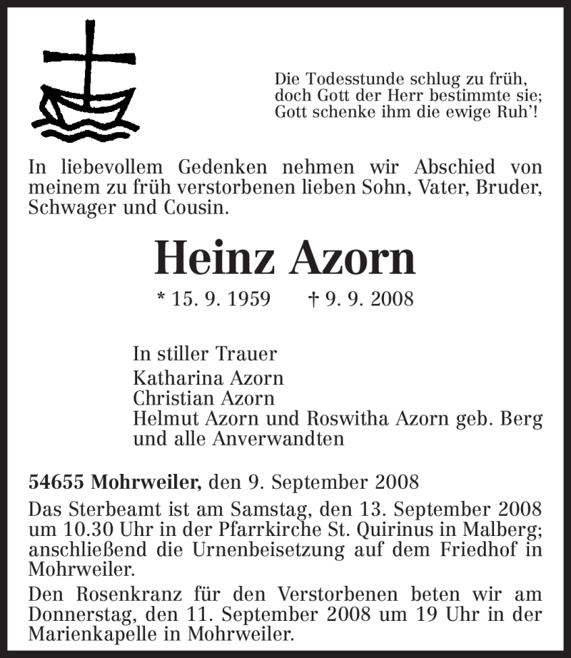  Traueranzeige für Heinz Azorn vom 11.09.2008 aus TRIERISCHER VOLKSFREUND