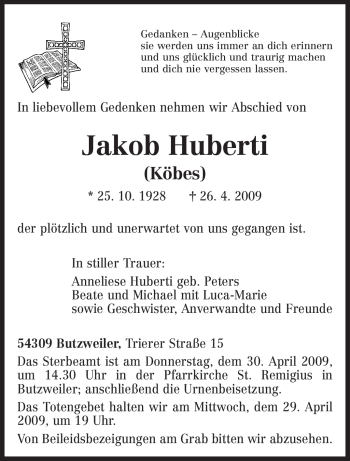 Traueranzeige von Jakob Huberti von TRIERISCHER VOLKSFREUND