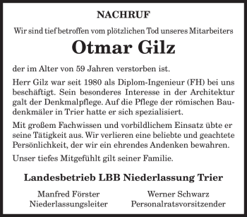 Traueranzeige von Otmar Gilz von TRIERISCHER VOLKSFREUND