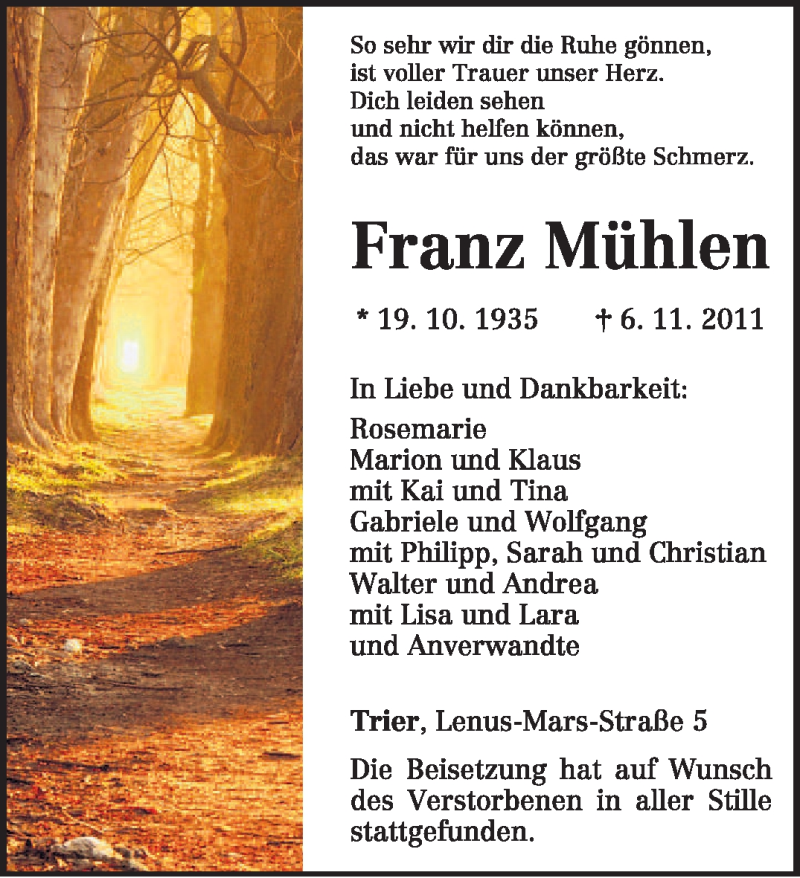  Traueranzeige für Franz Mühlen vom 17.11.2011 aus TRIERISCHER VOLKSFREUND
