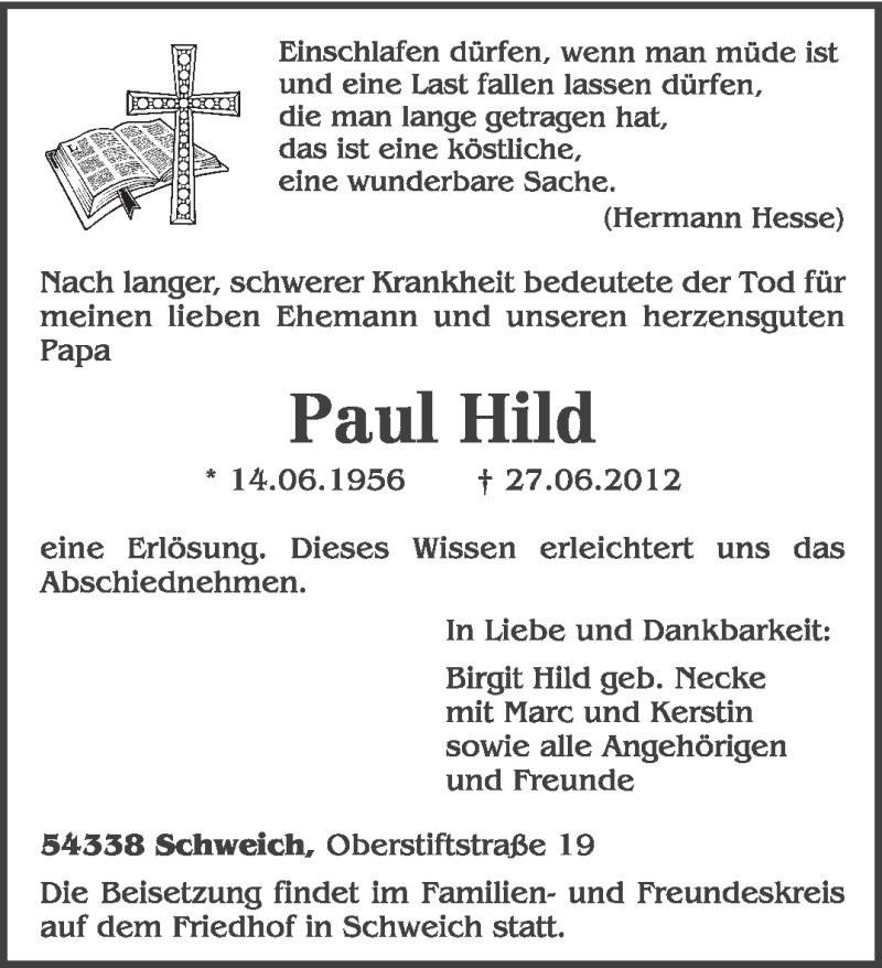  Traueranzeige für Paul Hild vom 30.06.2012 aus TRIERISCHER VOLKSFREUND