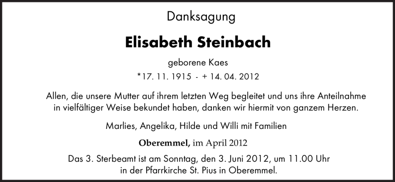  Traueranzeige für Elisabeth Steinbach vom 31.05.2012 aus TRIERISCHER VOLKSFREUND
