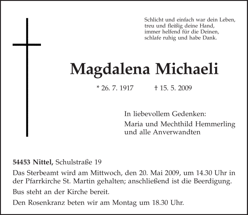  Traueranzeige für Magdalena Michaeli vom 18.05.2009 aus TRIERISCHER VOLKSFREUND