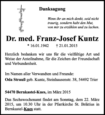 Traueranzeige von Franz-Josef Kuntz von trierischer_volksfreund