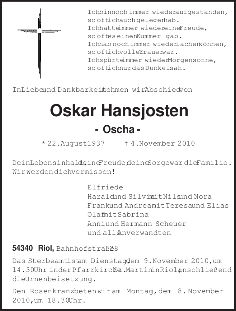  Traueranzeige für Oskar Hansjosten vom 06.11.2010 aus TRIERISCHER VOLKSFREUND