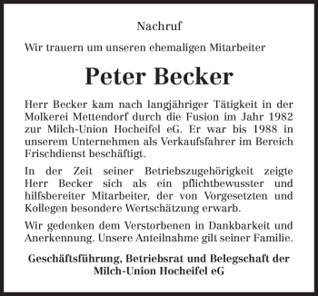 Traueranzeige von Peter Becker von TRIERISCHER VOLKSFREUND
