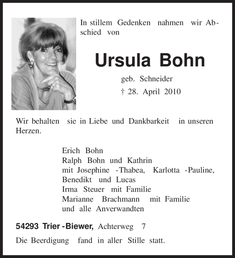  Traueranzeige für Ursula Bohn vom 05.05.2010 aus TRIERISCHER VOLKSFREUND